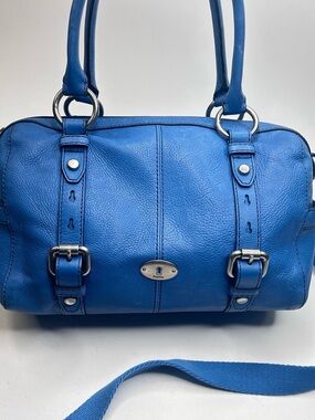 Vintage 90s FOSSIL Maddox Satchel Blue Pebbled Leather Crossbody